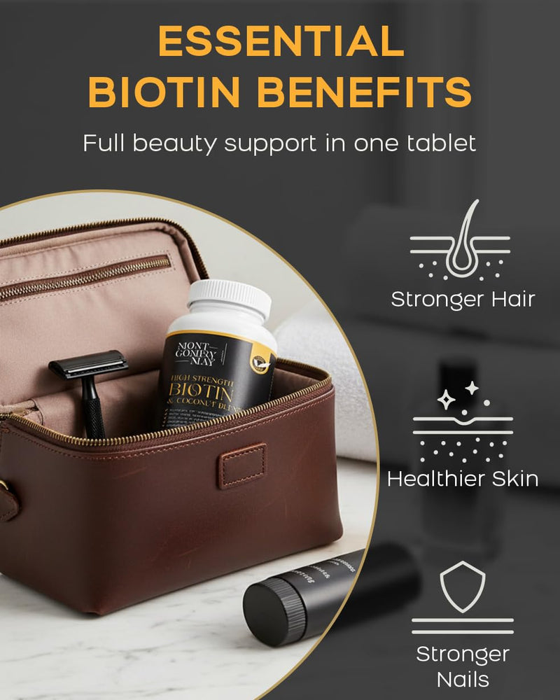 Montgomery May Biotin Tablets Supplement - Biotin 10000 mcg to Support Healthier Hair, Stronger Nails & Glowing Skin - High Strength Blend with Coconut Extract - 120 Vegan Tablets