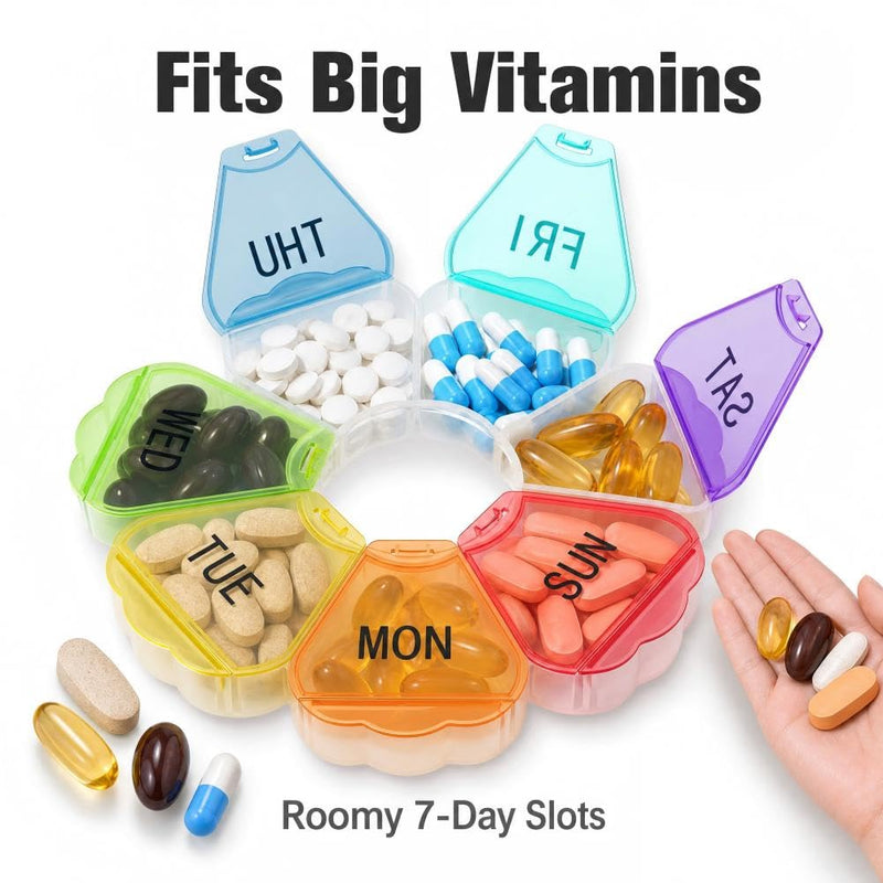 7 Day Extra Large Weekly Pill Organizer, Colorful Portable Pill Case, Large Medicine Container for Vitamins, Fish Oil, Tablets, Gummies & Daily Supplements