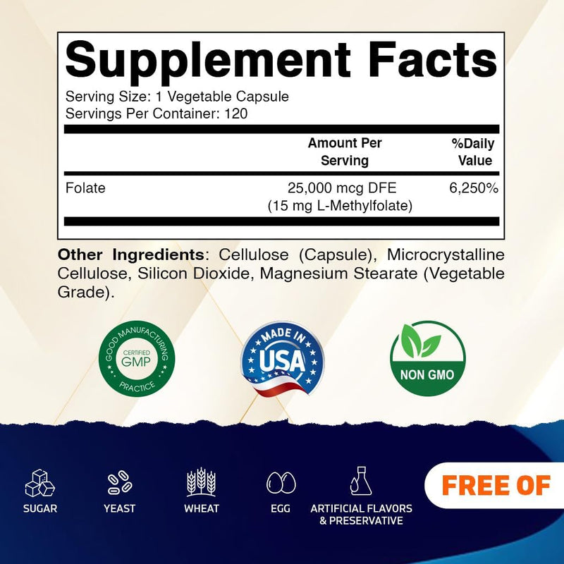 Vitamatic Methyl Folate 15 mg, 120 Vegetarian Capsules | Metabolically Active Form of 25000 mcg DFE Folate, Non GMO, Gluten Free, Made in USA
