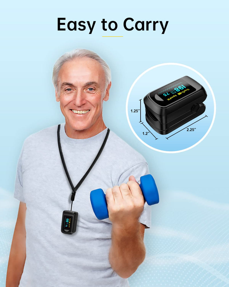 Fingertip Pulse Oximeter Blood Oxygen Monitor Pulse Ox, Heart Rate and Fast Spo2 Reading Oxygen Meter with OLED Screen Included Batteries and Lanyard black