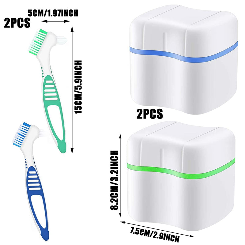 [Australia] - Prosthesis box, denture case, denture container, for false teeth storage cleaning, for orthodontic box, 2 pieces braces box + 2 denture cleaning brushes, green + blue 