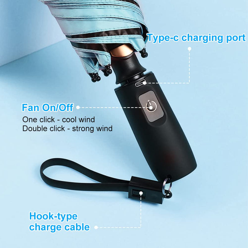WOOLALA Newly UV Sun Umbrella with Fan, Portable Cooling UPF 50+ Foldable | USB Rechargeable Travel Umbrellas for Watching Games, Playground, Heatstroke, Hot or Rain Days in Black