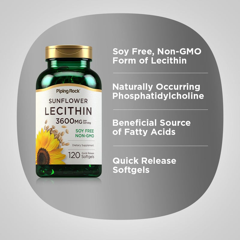 [Australia] - Piping Rock Sunflower Lecithin Softgel Capsules | 120 Count | Rich in Phosphatidylcholine | Soy Free, Non-GMO, Gluten Free 120 Count (Pack of 1) 
