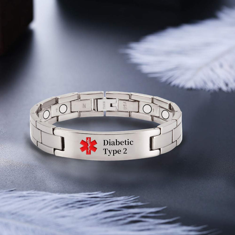 [Australia] - Titanium Medical Alert Bracelet for Men Women, Type 2 Diabetes, High Blood Pressure, Blood Thinner, Hypoallergenic, 8.46inch Wristband Type 2 Bracelets 