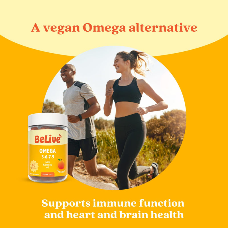 BeLive Omega 3 6 7 & 9 Gummies for Healthy Heart and Brain, Zero Sugar | From Flaxseed Oil & Sea Buckthorn Fruit Oil for Full Body Overall Support, Brain & Eye, Bone & Joint - Peach Flavor - 60 Ct 1