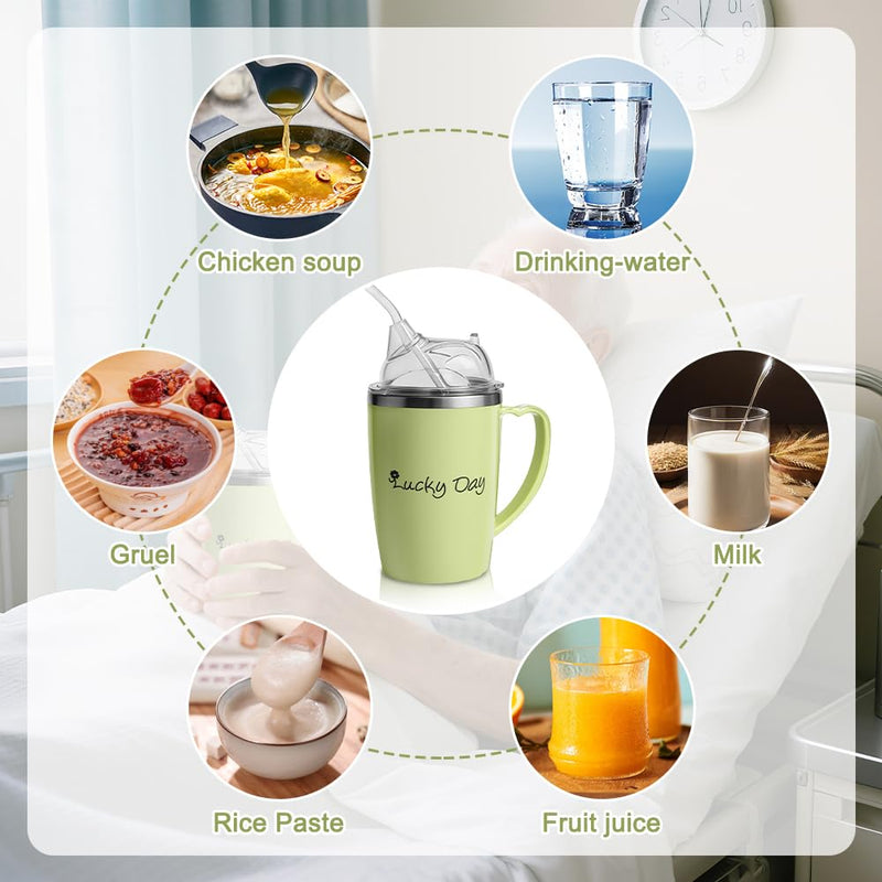 Adult Sippy Cup, 350 ml Adult 3 in 1 Sippy Cup with Lid and Straw, Stainless Steel Drinking Cups for Elderly, Spill Proof Adults Drinking Cup for Elderly, Disabled People, Patients (Green)