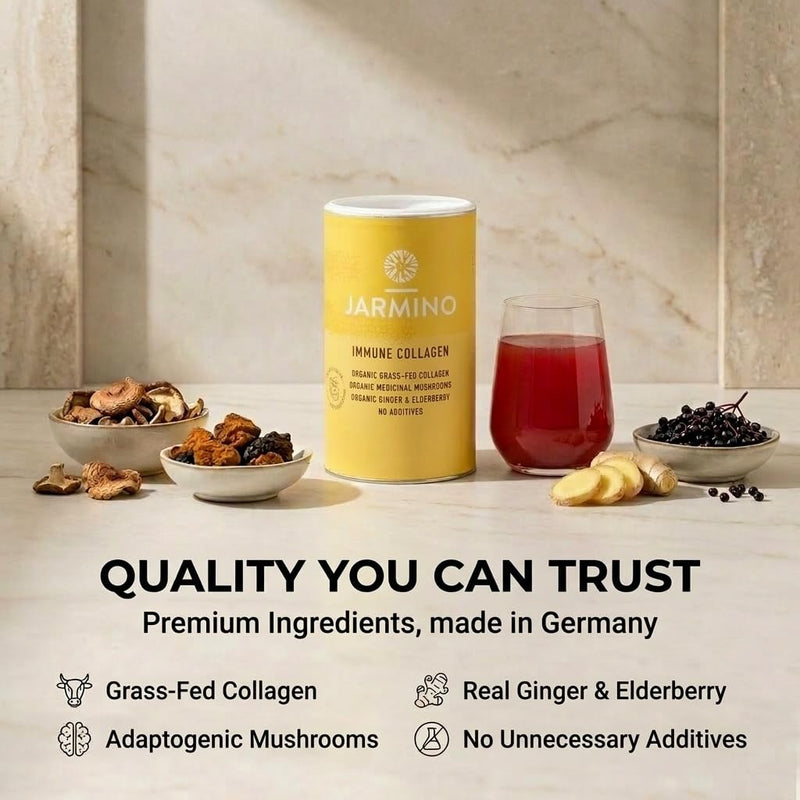 Collagen Powder with L-Glutamine - Strengthen Immune System | Vitamin C, D, Selenium, Zinc, Ginger, Elderberry, Vital Mushrooms | 450g Strengthen Immune System Glutamine Powder | JARMINO