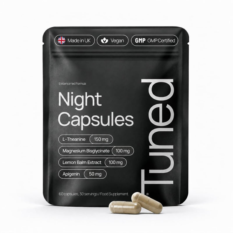 TUNED Night Capsules - Natural Sleep Supplement & Sleeping Aid for Adults with Magnesium Bisglycinate, L-Theanine & Apigenin - Non Melatonin Sleeping Tablets | UK Made GMP Certified