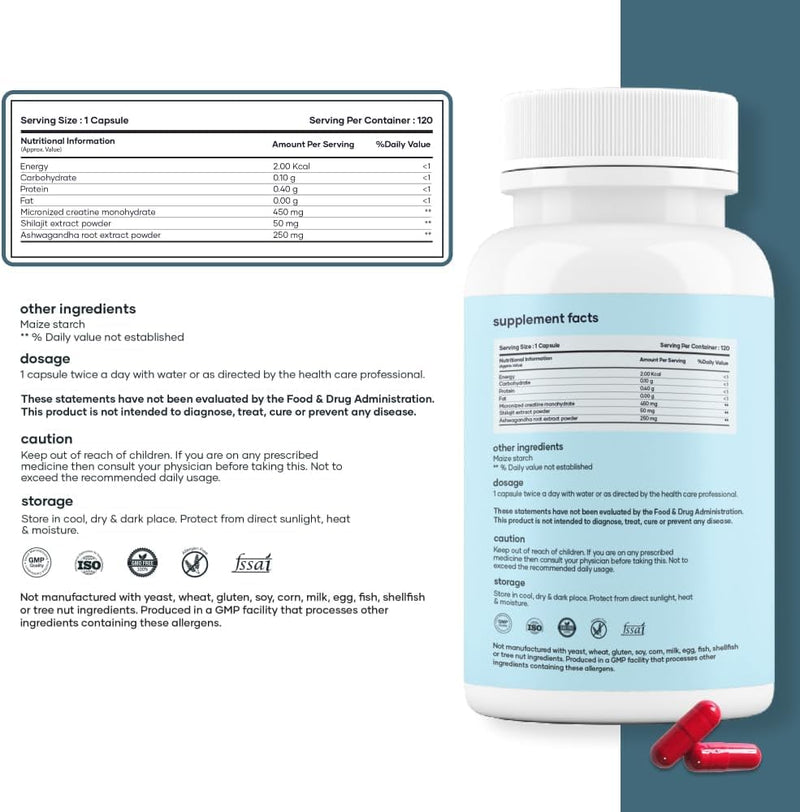 Mars Micronized Creatine Monohydrate Caps: Powered with Shilajit (120 N) | Good Health Company - Pack of 1