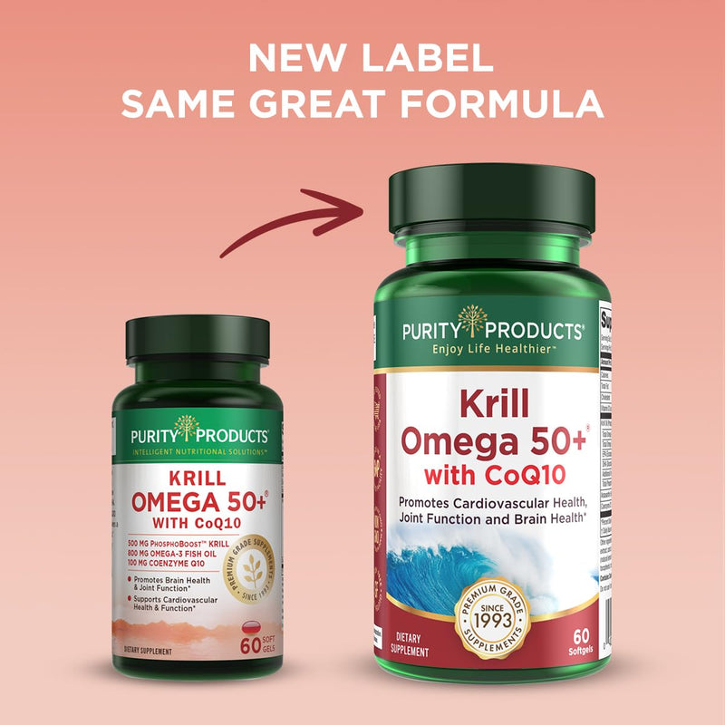 [Australia] - Krill Omega 50 Plus w/ CoQ10 from Purity Products - 1300mg Krill Oil and Fish Oil Blend - 100mg CoQ10 - 500mg Natural Astaxanthin - Support for Joint, Brain Health and more - 60 Mini Softgels 