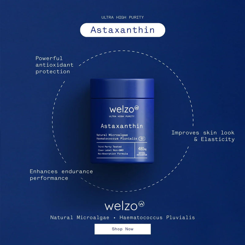 Welzo Ultra High Purity Astaxanthin 480mg – Natural Microalgae Haematococcus Pluvialis – Powerful Antioxidant for Radiant Skin, Eye & Immune Support – 60 Capsules