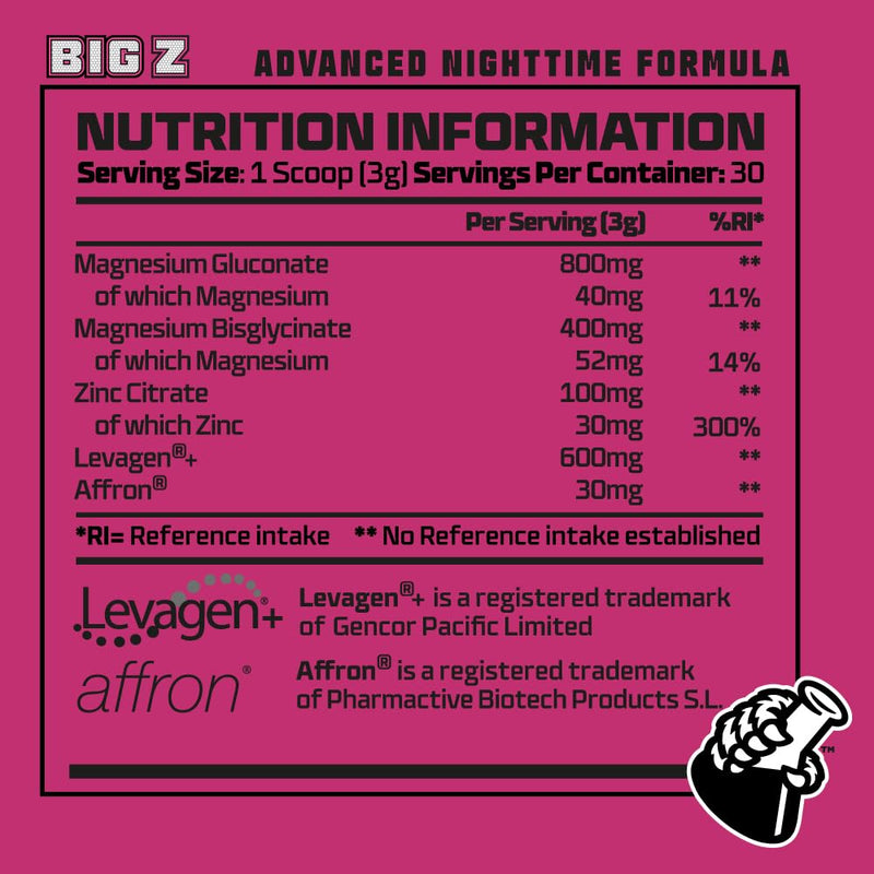 Beast Big Z Magnesium for Sleep Support with Superior Magnesium Bisglycinate & Gluconate Complex - 30x Supplement Drinks with Zinc - Sour Cherry, 90g Tub 90 g (Pack of 1)