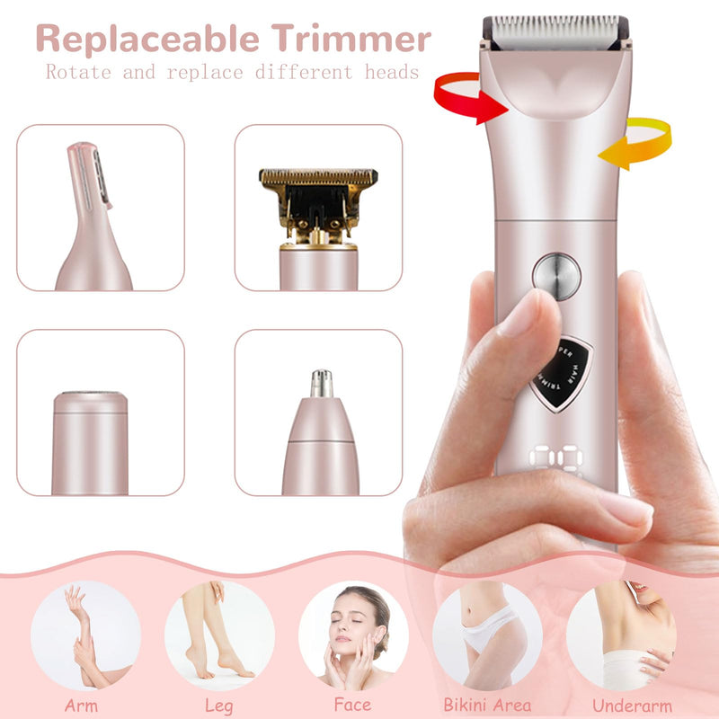 Bikini Trimmer for Women, 5 in 1 Painless Electric Shaver, Waterproof Wet & Dry Body Shaver, Rechargeable Pubic Hair Trimmer for Women,Replaceable Lady Razor for Underarm Leg Arm Body (5 in 1)