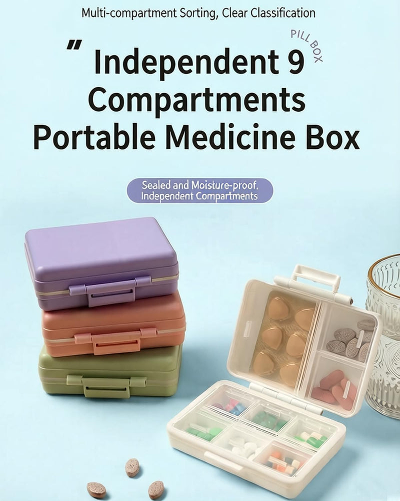 Travel Pill Organizer Moisture Proof Portable Vitamin Holder with 9Compartments, Compact Supplement Case for Purse Essential Medicine Kit fot,Pill Box to Hold Vitamins, Fish Oil, Cotton Swab(Green) Green