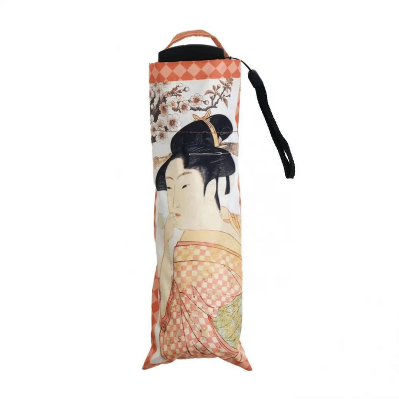 Ukiyo-e Folding Umbrella for Sun & Rain | UV Protection UPF 50+ | Lightweight Compact Flat Umbrella | Japanese Art Design | Heat & Light Blocking Travel Umbrella Bijinga Beauty Painting