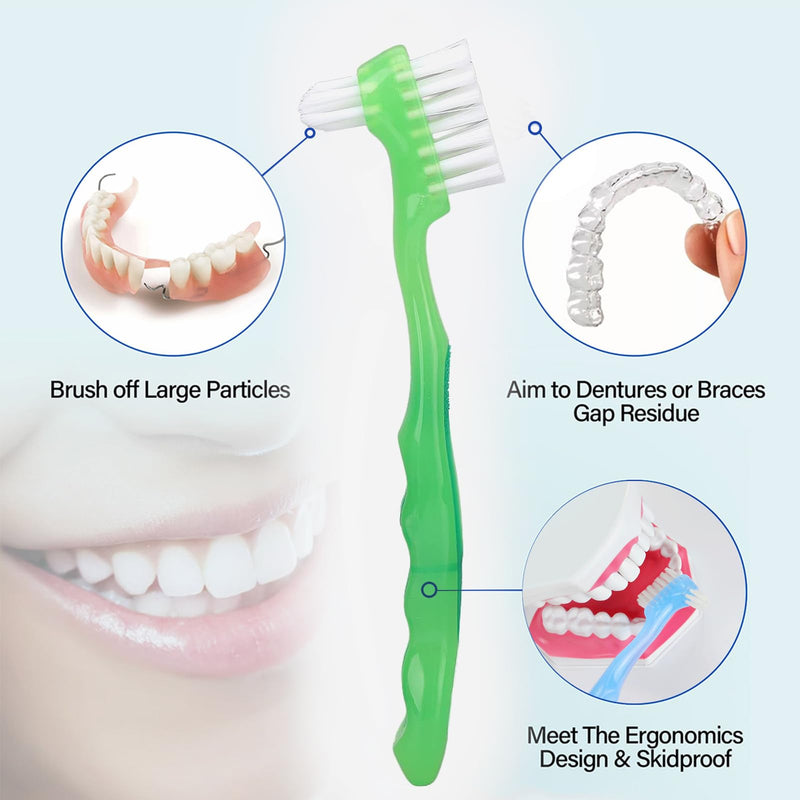 [Australia] - 2-Piece Denture Cleaning Brush Set - Multi-Layered Bristles False Toothbrush with Ergonomic Handle and White Carrying Case for Fake Teeth Cleaning, Travel-Sized Oral Care Tool (Green&Purple, One Size) Green&purple 