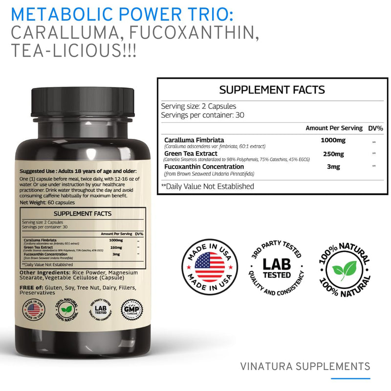 [Australia] - Caralluma Fimbriata, EGCG 45% Extract 1250mg + Fucoxanthin 3mg per Serving *USA Made & Tested* for Immune Support, Energy and Mental Focus - 60 Capsules 30 Servings 