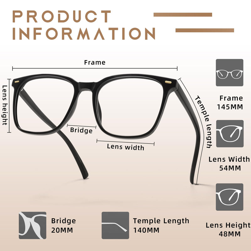 [Australia] - Oversized Square Blue Light Blocking Glasses for Women Men, Anti-Fatigue Computer Monitor Gaming Glasses Reduce Eye Strain(Black) Black Clear 