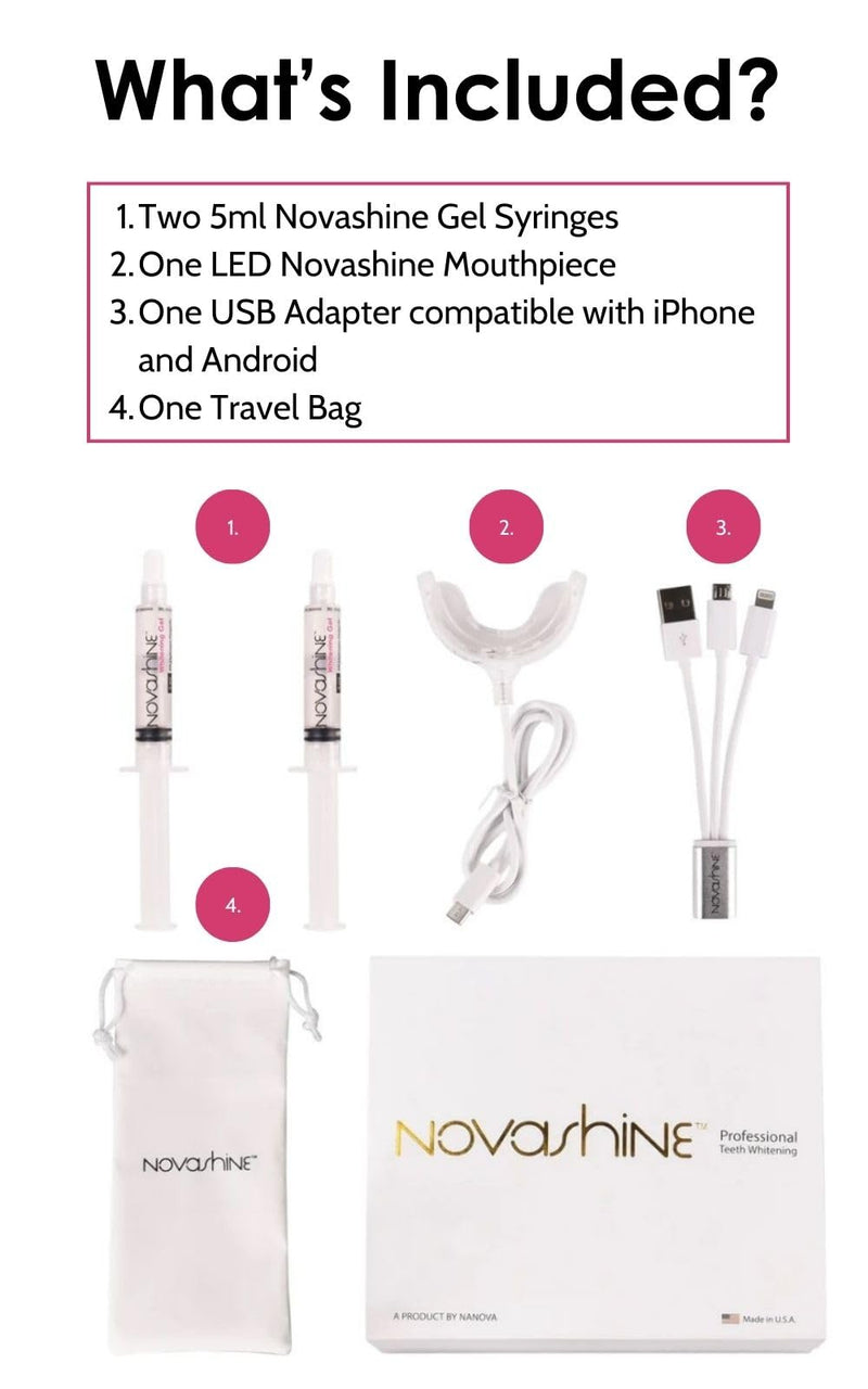 Novashine Professional Teeth Whitening Kit: Advanced Blue LED Light, Concentrated Peroxide Gel, Smartphone Adapter, Travel Bag