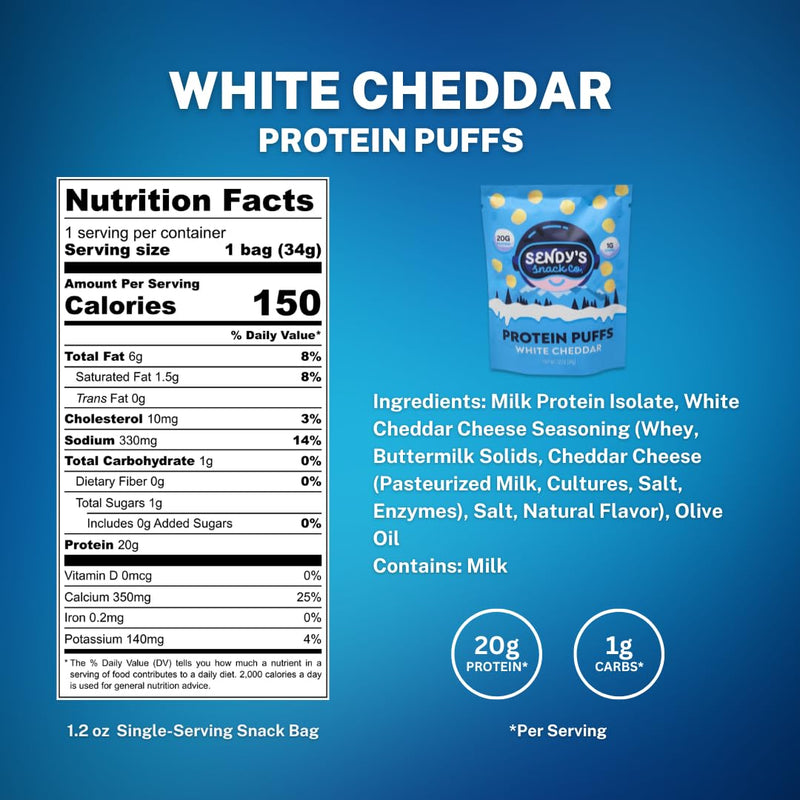 [Australia] - Sendy’s Protein Puffs, Protein Cheese Puffs | High Protein Snack, Keto Snack, Low Carb, Gluten Free, 20g Protein, 1g Carbs | White Cheddar, 6 Pack 