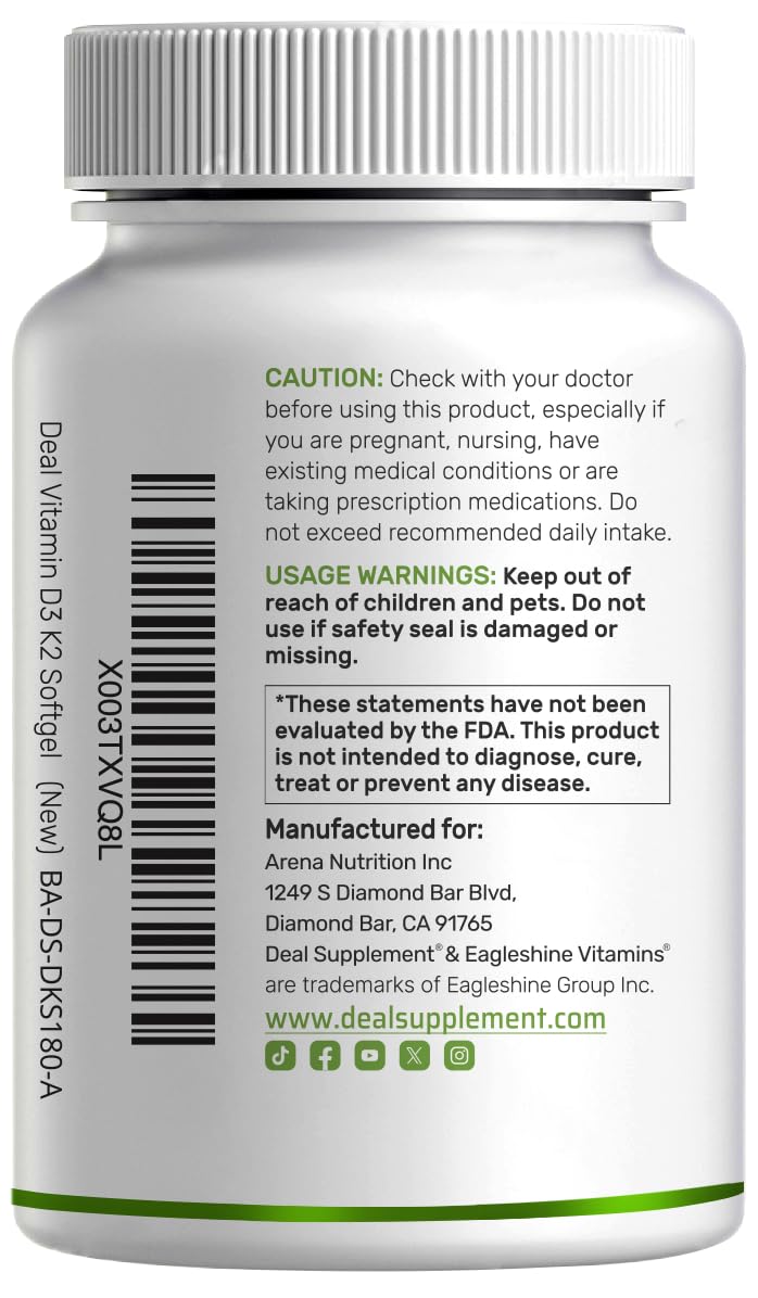 [Australia] - DEAL SUPPLEMENT Vitamin D3 5,000 IU + K2 MK7 Softgels, 250 Count | 2-in-1 Complex | Supports Heart, Bone, Teeth & Immune Health* | Easy to Swallow 