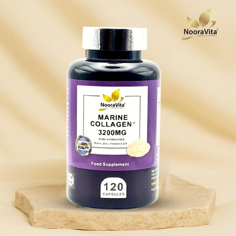 Marine Collagen Plus 3200MG. 120 Capsules – a Premium Blend of Pure Hydrolysed Marine Collagen, Fortified with Biotin, Zinc, Vitamin C & E. Gluten Free, GMO Free and Halal.