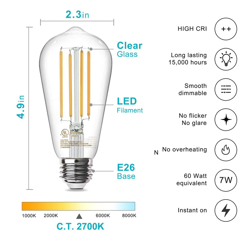 [Australia] - TJOY 12 Pack Vintage 8W ST58 LED Edison Light Bulbs 60W Equivalent, 800Lumens, 2700K Warm White, Dimmable, E26 Base LED Filament Bulbs, CRI80+, Antique Glass Style for Home, Bedroom, Office, Farmhouse 