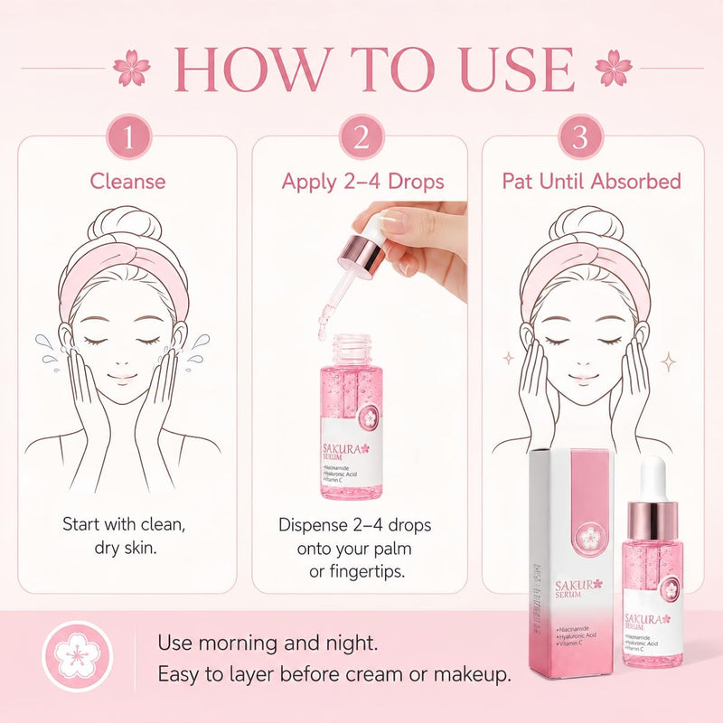 Sakura Face Serum 2 PCS, Hydrating Facial Serum with Niacinamide, Hyaluronic Acid and Vitamin C, Lightweight Moisturizing Serum for Face and Neck, Non-Greasy Daily Skin Care Drops, 2 x 17ml