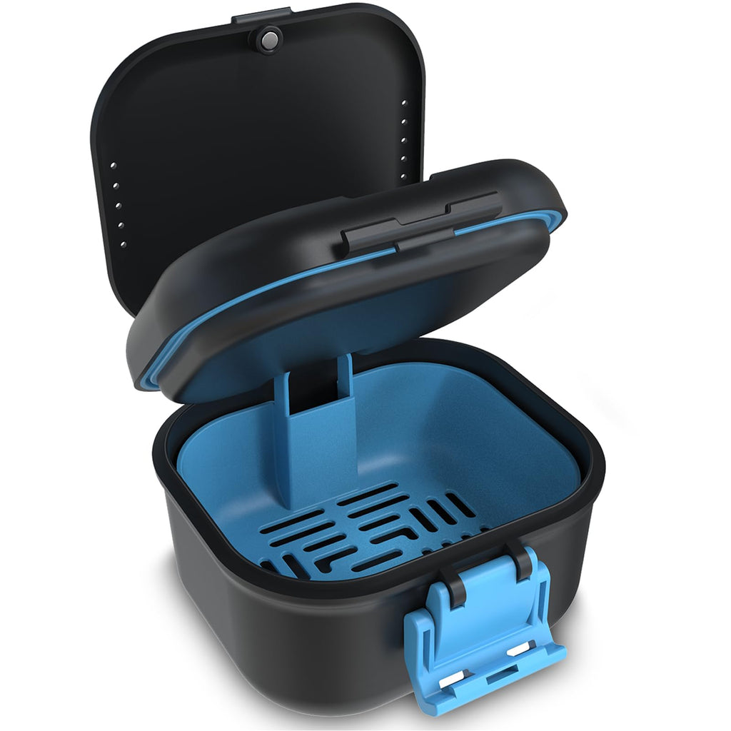 BVN Leakproof Denture Cup, Upgraded Carrying Storage, Denture Bath Box with Filter, Denture Cup for Soaking Dentures, Travel Retainer Cleaning Case (Black+Blue). Black+blue