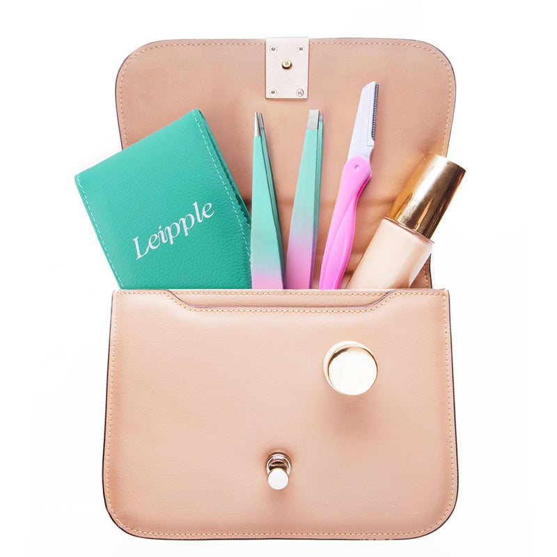 [Australia] - Tweezers Set 7 Pieces for Women - Precision Tweezers with Travel Case - Stainless Steel Tweezers for Eyebrows with Scissors, Razor, Mirror for Ingrown Hairs (Pink/Blue) Pink/Blue 