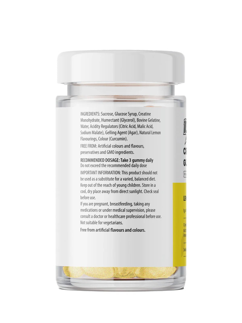 Creatine Gummies – Lemon | 1g Creatine Monohydrate | Vegan | Muscle, Strength & Brain Support | Women’s Hormone-Friendly | Pre workout Creatine Supplement | 60 Gummies (20 Servings)