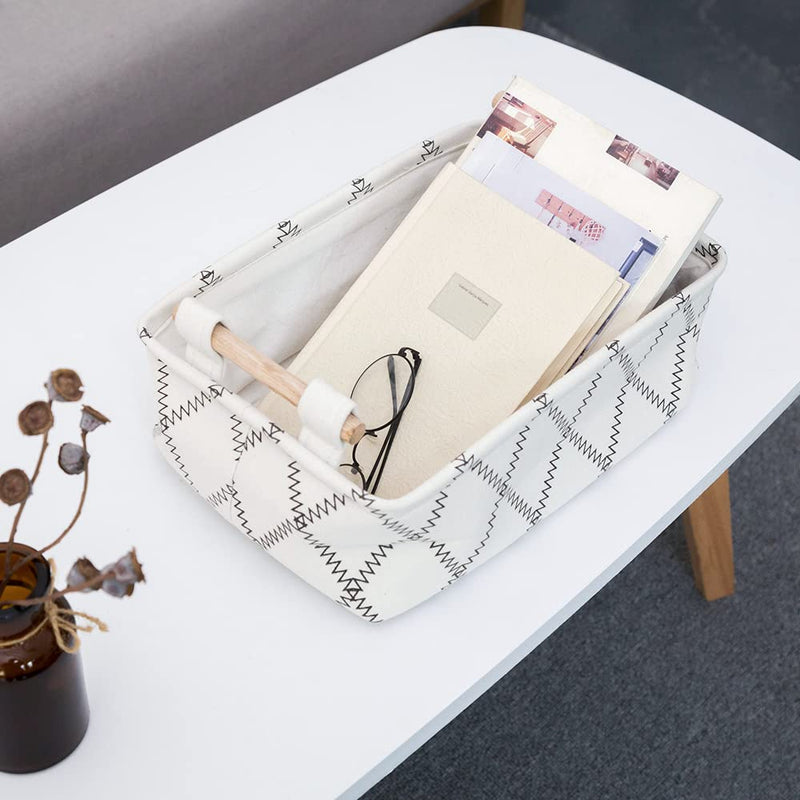 [Australia] - Decorative Collapsible Rectangular Fabric Storage Bin Organizer Basket with Wooden Handles for Clothes Storage, 11"×7.1"×3.9", White 11×6.7×3.5 inch 
