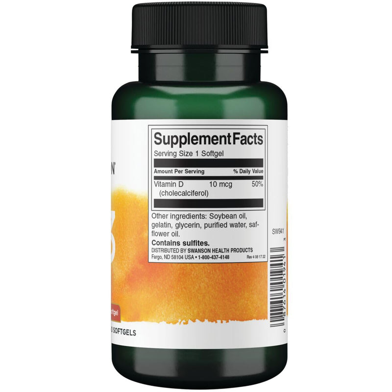 Swanson Vitamin D3 Bone Health 400 IU (10 mcg), 250 Capsules | The Sunshine Vitamin in Biologically Active D3 to Support Bone Health and Overall Wellness and Promote Calcium Absorption