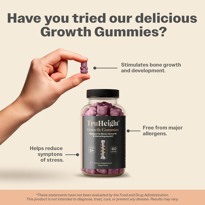 TruHeight Growth Gummies (Grape) Tall Nutrition for Natural Growth Supplement for Kids & Teens - Vitamin D, K, Calcium & Ashwagandha, Bone Strength Vitamins D3 K2, Picky Eater, Taller Ages 5+ 60 Count (Pack of 1) Grape