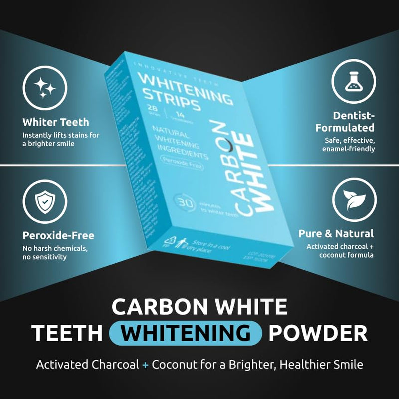 [Australia] - Carbon White Teeth Whitening Strips – 28 Count (14 Treatments) – Enamel-Safe, for Sensitive Teeth – Mint Flavor – Non-Slip Whitening Kit 