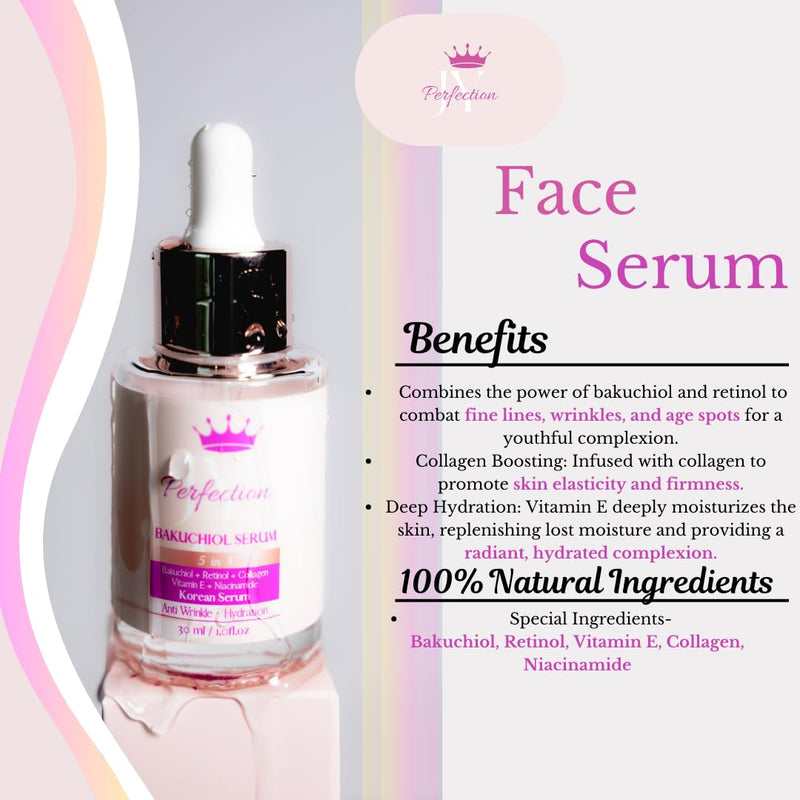 Face Serum,Anti-Aging Serum, Reduces Fine Line and Wrinkles, Hydrates Skin, Bakuchiol, Retinol, Collagen, Vitamin E, Niacinamide, For All Skin Types,100% Natural Vegan 30mL / 1 oz