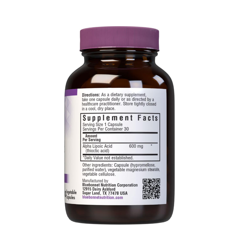 [Australia] - BlueBonnet Alpha Lipoic Acid 600mg - Powerful Antioxidant Nerve Support Supplement for Women & Men - Non-GMO, Vegan, Kosher - Gluten-Free, Soy-Free, Dairy-Free - 60 Vegetable Capsules 30 Count (Pack of 1) 