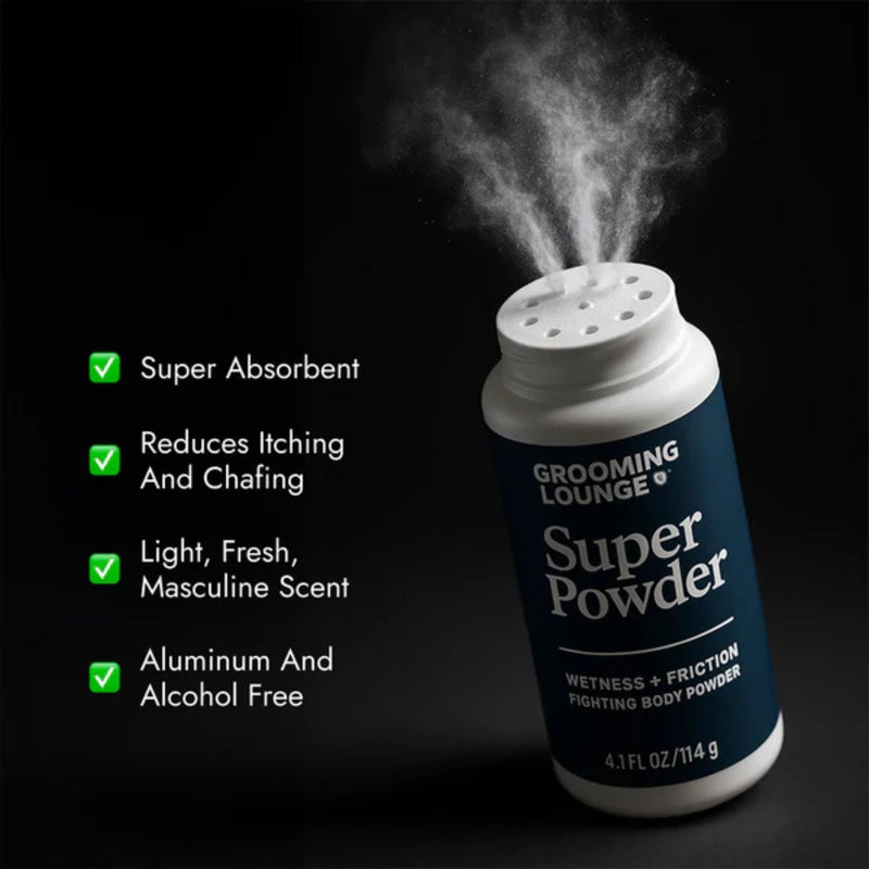 Grooming Lounge Super Powder - Arrowroot & Kaolin Clay, Talc-Free 4.1 Fl Oz | Aluminum Free, Sweat Absorbing, Odor Control & Chafing Relief - Powder for Groin, Feet, Chest & Skin Folds 4.8 Ounce (Pack of 1)