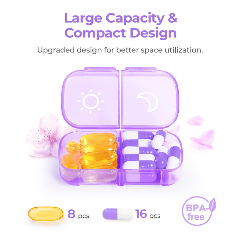AUVON Weekly Pill Organizer 2 Times a Day, One-Side Large Opening, Easy‑Use | XL AM PM Pill Case, Travel Pill Box 7 Day, Medication Organizer for Medications, Vitamins, Fish Oils, Supplements, Purple