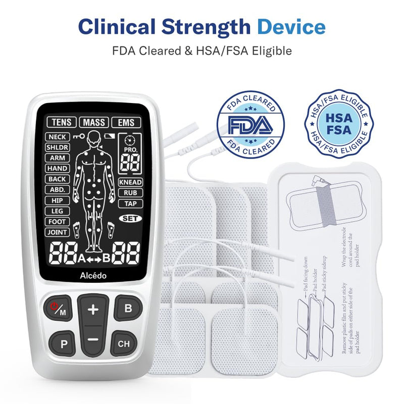 Alcedo Rechargable TENS+EMS Muscle Stimulator for Pain Relief | 3-in-1 Dual Channel, 40 Levels, 41 Programs, 8 Reusable Pads (3 Sizes), A/B Control, Back/Neck Pain