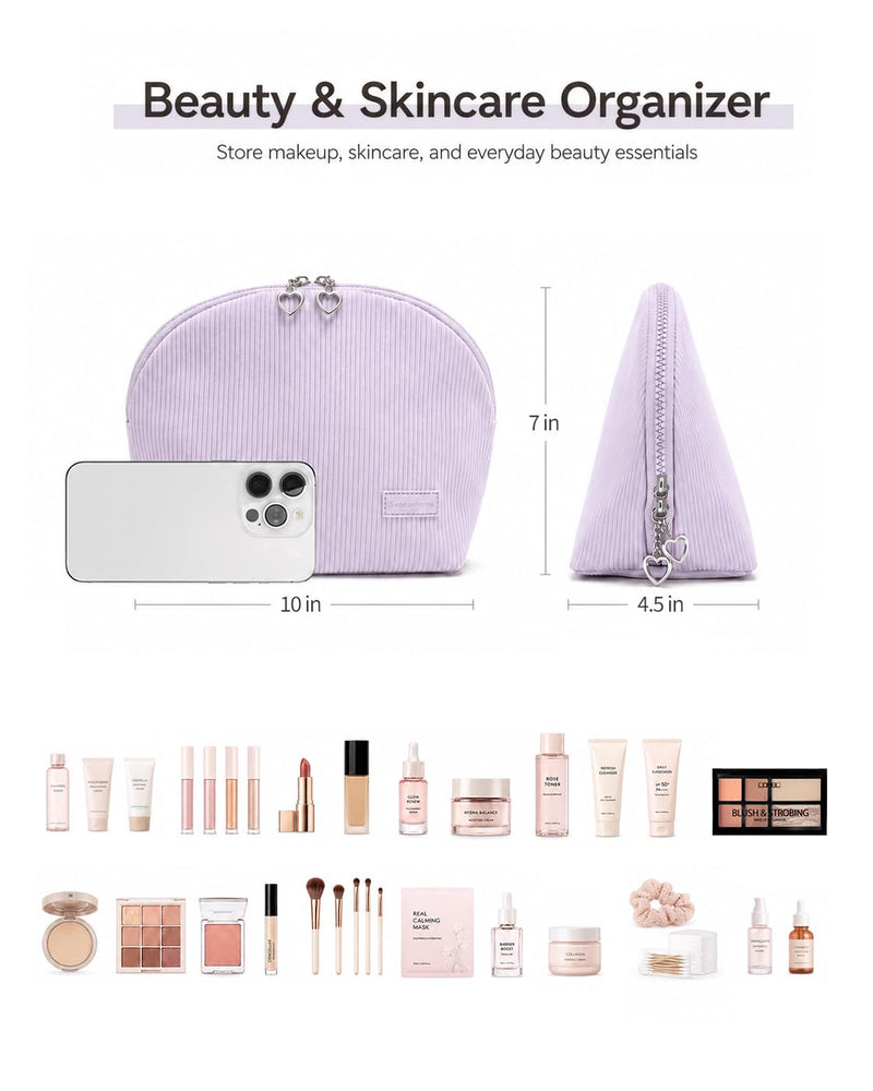 Makeup Bag Set for Women, 2 Pcs Corduroy Travel Cosmetic Organizer, Detachable Clear Pouch and Shell Shape Case, Waterproof Toiletry Storage for Beauty Essentials, Purple