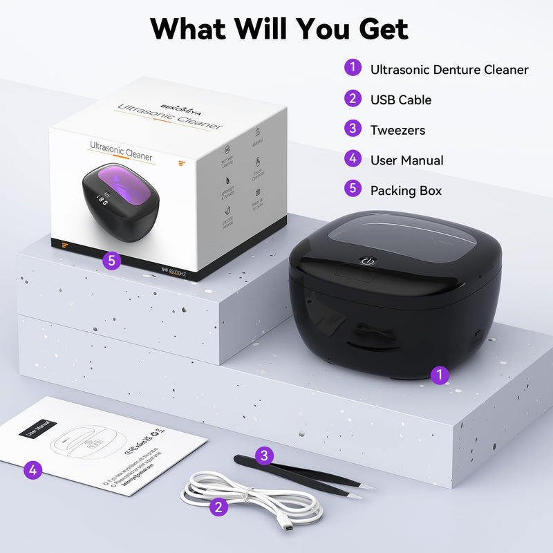 [Australia] - Ultrasonic Retainer Cleaner, 45kHz Dental Cleaning Pod for Dentures, Aligners, Night Guards & Jewelry, 150ML Denture Cleaner 2 Timed Modes & Travel Design 