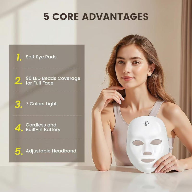 Multi-Color LED Glow Facial Mask - Rechargeable Beauty Lighting Device with Auto Timer (White) White