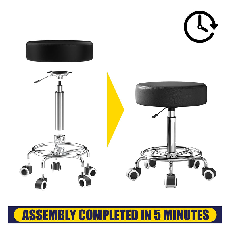 [Australia] - Rolling Stool, Heavy Weight Capacity 250lb, PU Leather Rolling stools, Ultra Soft Padded Seat, Rolling Stools with Wheels and Footrest, 360¬∞ Swivel, Spa Drawing Salon Work Office Tattoo Stool (black) Black 