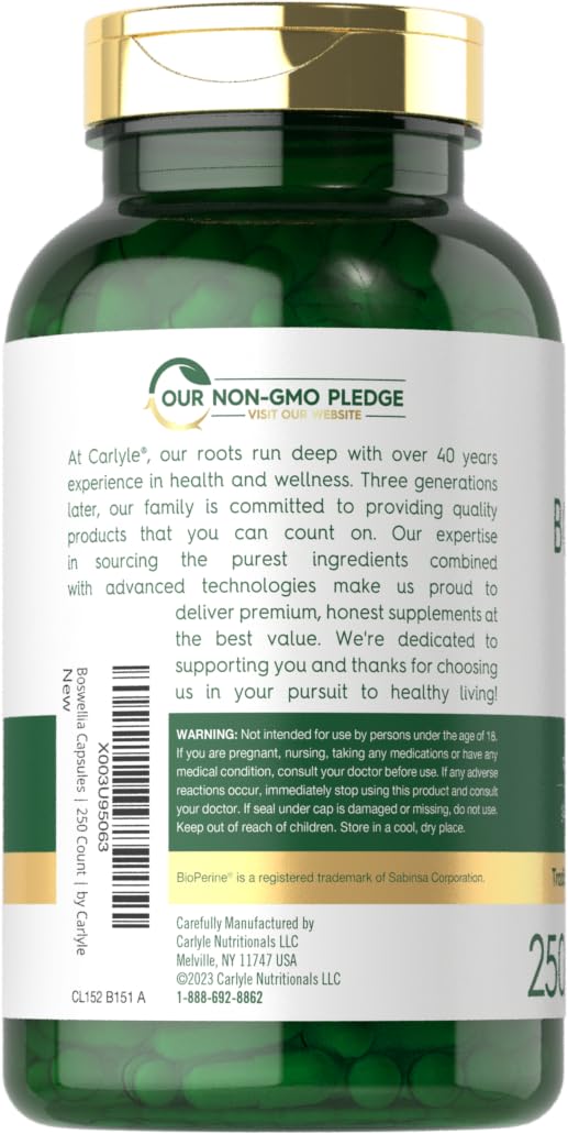 [Australia] - Carlyle Boswellia Extract Capsules 1200mg | 250 Count | Boswellia Serrata Complex with Black Pepper Extract | Non-GMO, Gluten Free Supplement 
