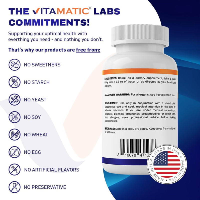 Vitamatic Vitamin B6 (Pyridoxine HCI), 100mg 250 Vegetarian Tablets - Promotes Energy Production, boosts Metabolism and Immune Health Support
