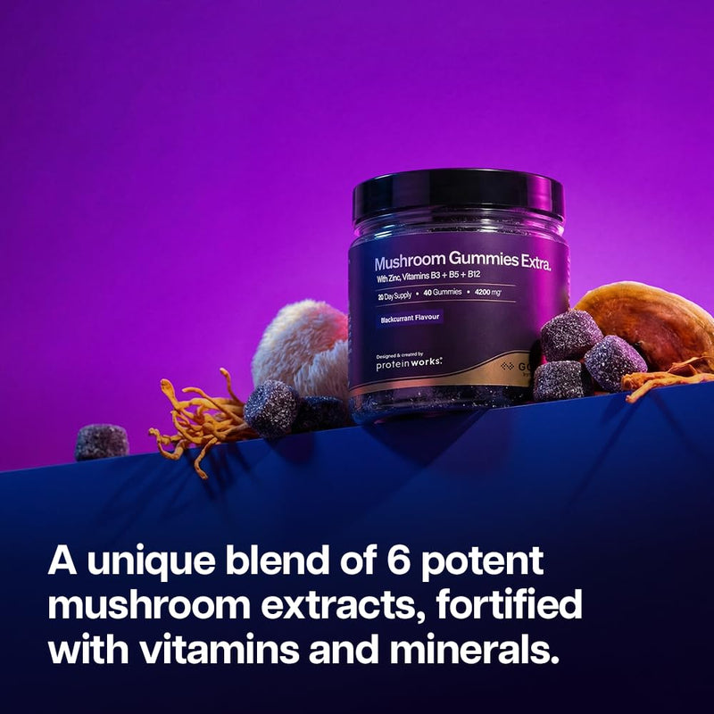 Mushroom Gummies Extra - GOLD Innovation, Potent Multi-Mushroom Complex, Lion's Mane, Reishi, Cordyceps, Chaga, Tremella, Maitake, Zinc, Vitamins B3, B5 & B12, 40 Gummies, Blackcurrant | Protein Works