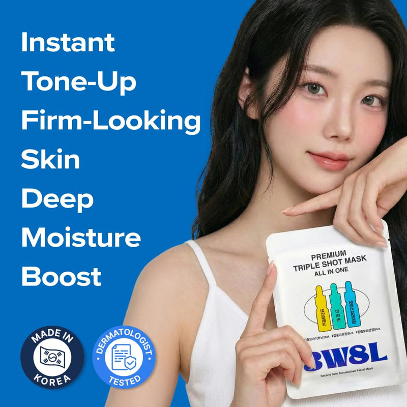3W8L [Premium Triple Shot] Mask All-in-One 0.84 fl oz | Face Mask Collagen Peptide | With Vitamin C Ampoule Shot | Secound Skin BioCellulose Coconut Gel Sheet | Korean Skin Care