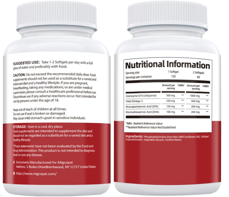 (2 Packs) 1000mg Liposomal CoQ10 Ubiquinol with Omega-3 120 Softgels, Advanced Coenzyme Q10 High Strength & Absorption, Naturally Fermented CoQ10 Supplement for Antioxidant, Heart & Energy Support