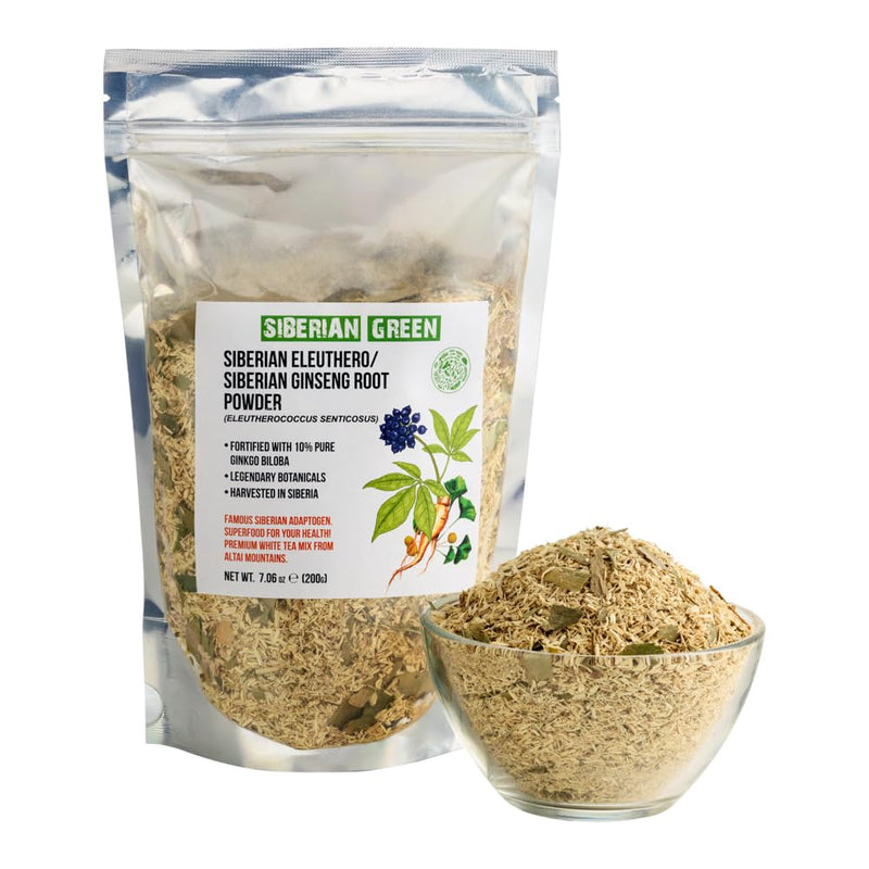 Siberian Ginseng Dried Root Cut Sifted Powder 200g (7.06 oz) Eleutherococcus Senticosus Siberian Eleuthero Pure Natural Fortified with Ginkgo Biloba